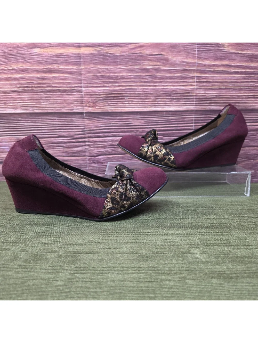 Anyi Lu Rosie Women's Bordeaux Suede Graphite Shimmer Knot Wedge EU 36